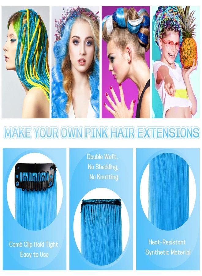 CLOEWCL 12 PCS Blue Hair Extensions Clip in, 22" Colored Highlights, Synthetic Straight Hair Piece DIY Accessories for Daily Party (LightBlue) - Image 2